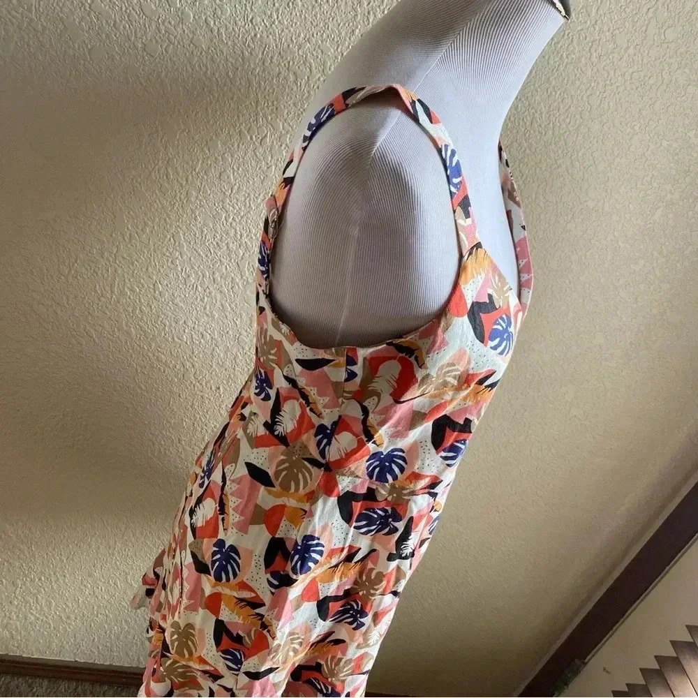 Sadie and Sage Tahiti Floral Tropical Linen Mini Dress V Neck Ruffle Hem: Large - Picture 3 of 13